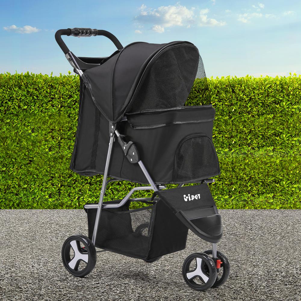 i.Pet 3 Wheel Pet Stroller in Black, featuring a sturdy frame, spacious pet cage, and durable wheels for easy maneuverability.