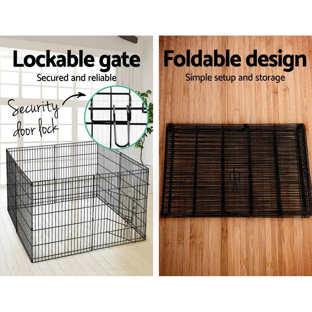 i.Pet 30" 8 Panel Pet Dog Playpen in black, showcasing its durable steel frames and multiple configuration options.