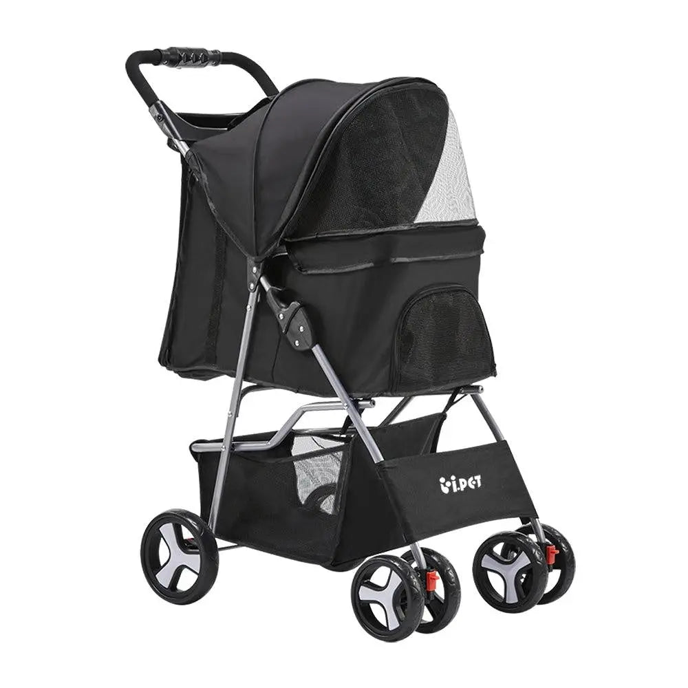 i.Pet 4 Wheel Pet Stroller in Black with mesh screens and spacious storage basket.