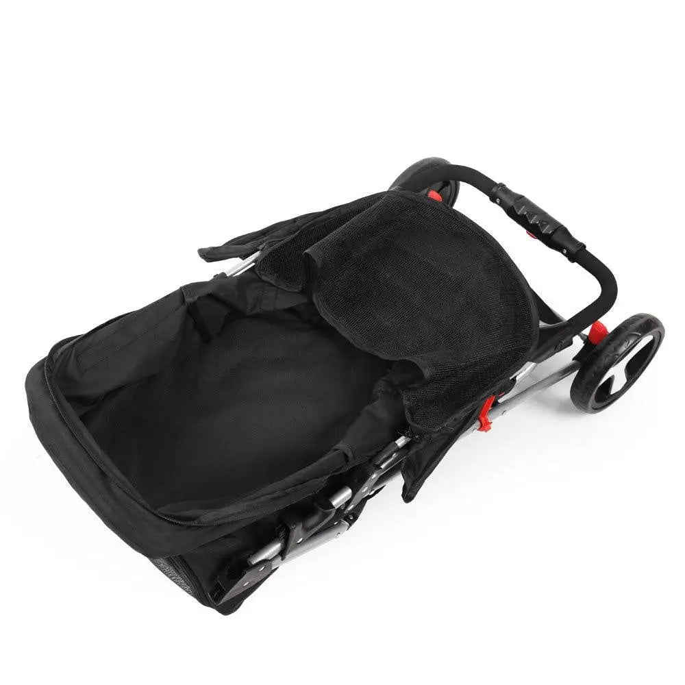 i.Pet 4 Wheel Pet Stroller in Black with mesh screens and spacious storage basket.