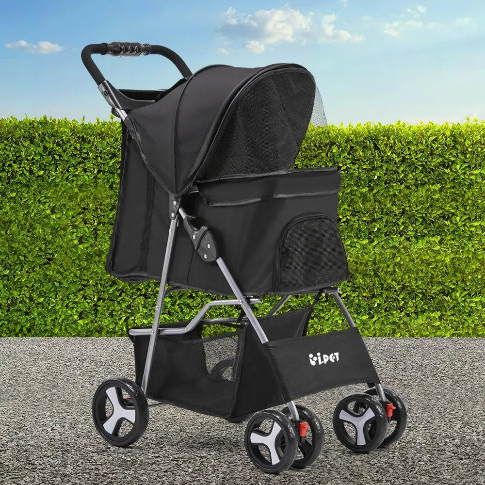 i.Pet 4 Wheel Pet Stroller in Black with mesh screens and spacious storage basket.