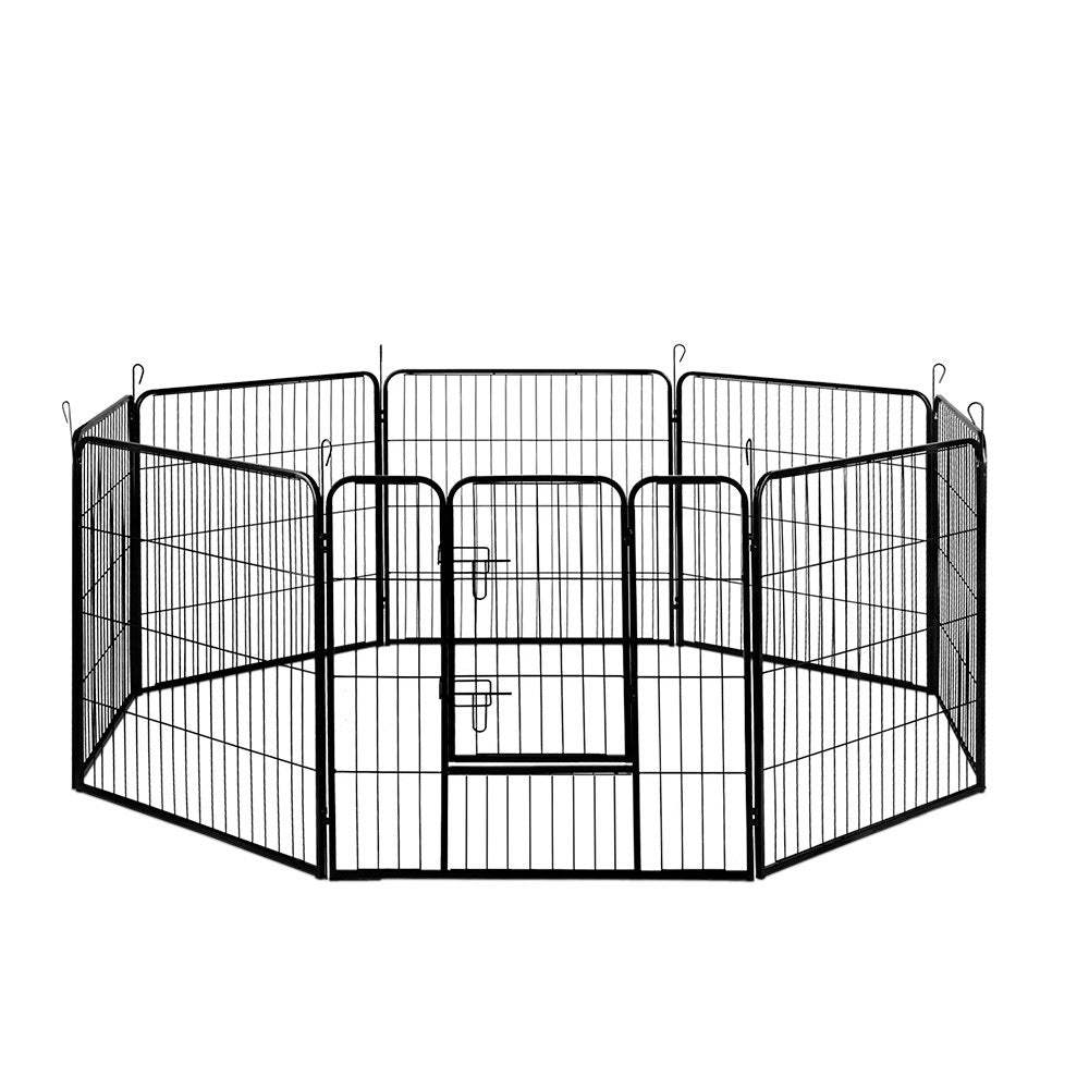 i.Pet 8 Panel Pet Dog Playpen in black, showcasing its foldable design and secure access door.