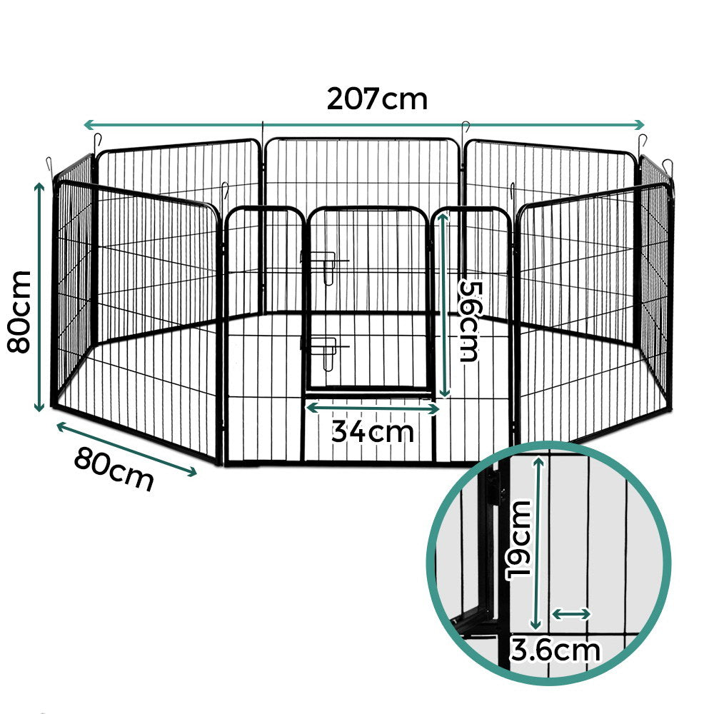 i.Pet 8 Panel Pet Dog Playpen in black, showcasing its foldable design and secure access door.