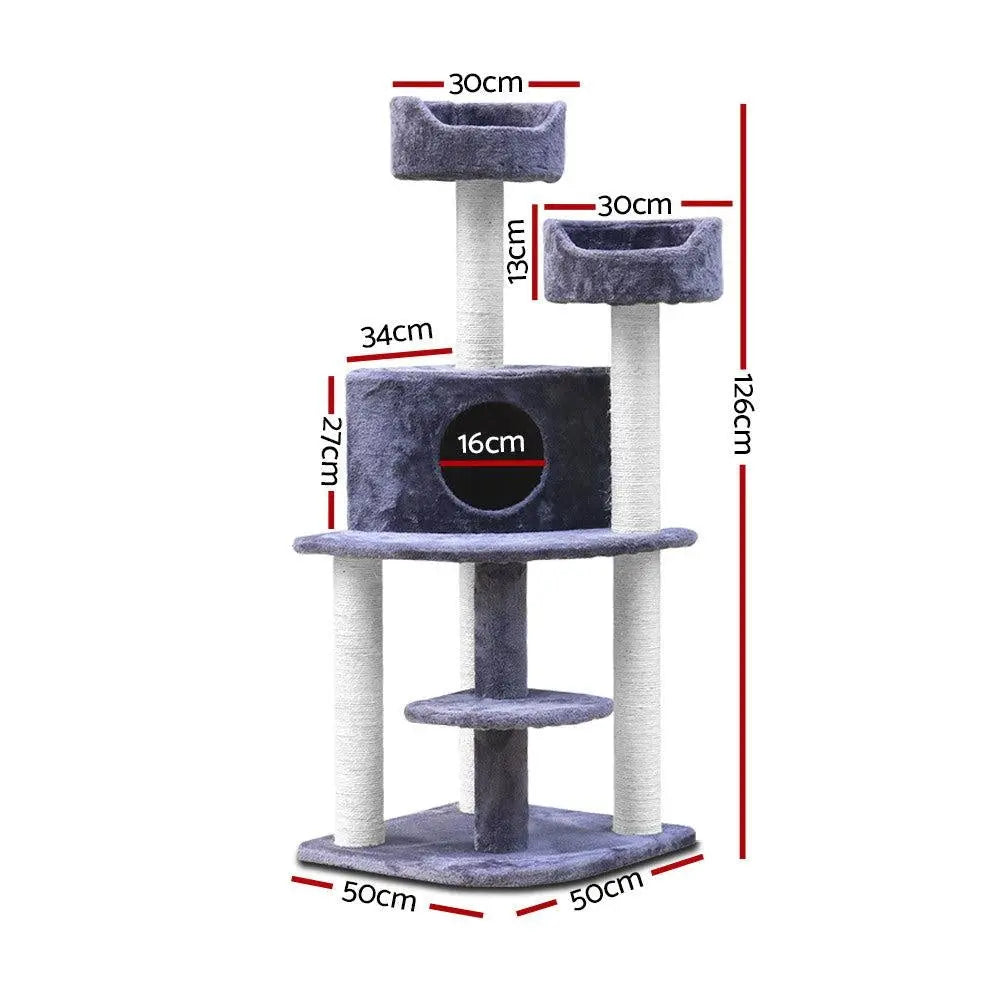 i.Pet Cat Tree 126cm with scratching posts, plush cover, and multi-level design for cats to play and relax.