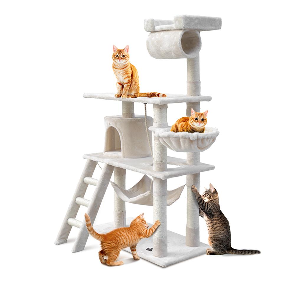 i.Pet Cat Tree 141cm with scratching posts, plush cover, and multi-level design for cats to play and relax.