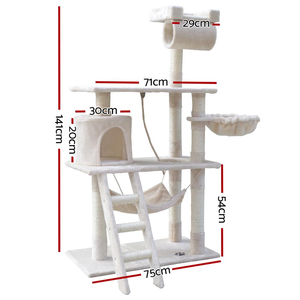 i.Pet Cat Tree 141cm with scratching posts, plush cover, and multi-level design for cats to play and relax.