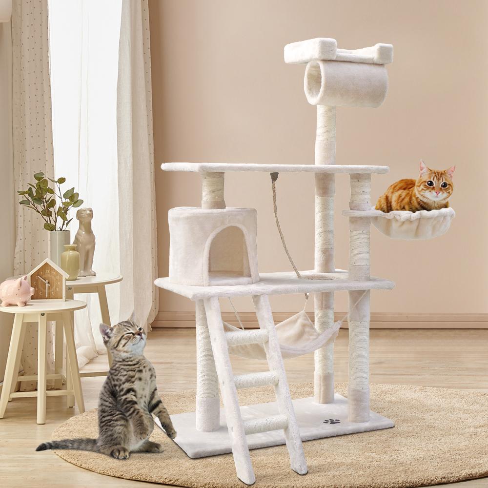 i.Pet Cat Tree 141cm with scratching posts, plush cover, and multi-level design for cats to play and relax.