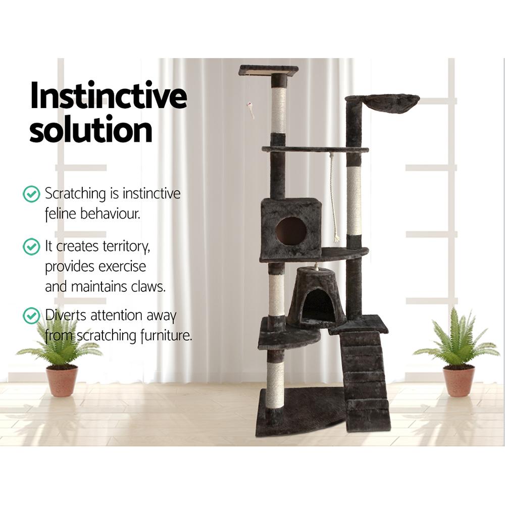 A tall 193cm i.Pet Cat Tree featuring multiple levels, sisal scratching posts, a plush surface, and hanging toys, perfect for feline play and relaxation.