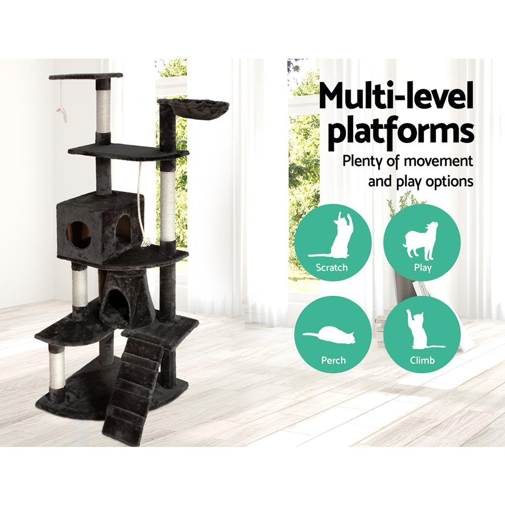 A tall 193cm i.Pet Cat Tree featuring multiple levels, sisal scratching posts, a plush surface, and hanging toys, perfect for feline play and relaxation.