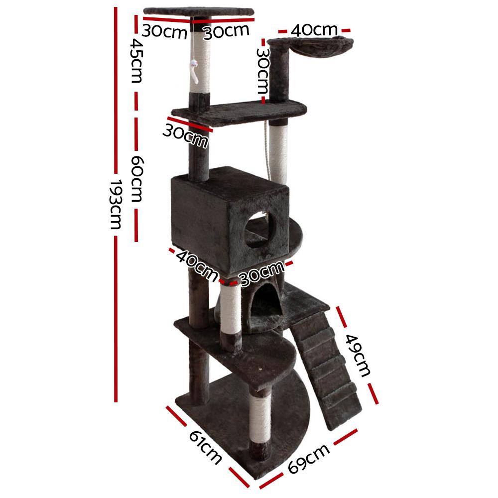 A tall 193cm i.Pet Cat Tree featuring multiple levels, sisal scratching posts, a plush surface, and hanging toys, perfect for feline play and relaxation.