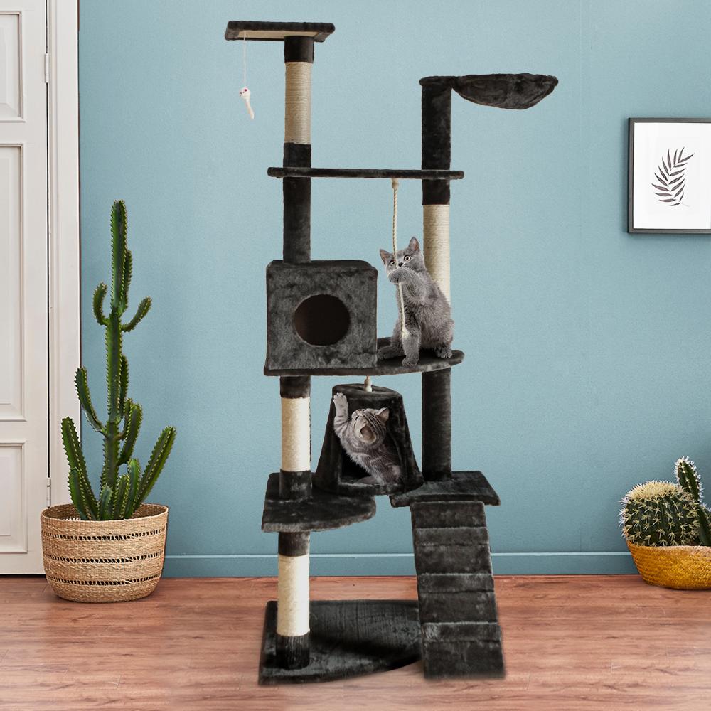 A tall 193cm i.Pet Cat Tree featuring multiple levels, sisal scratching posts, a plush surface, and hanging toys, perfect for feline play and relaxation.