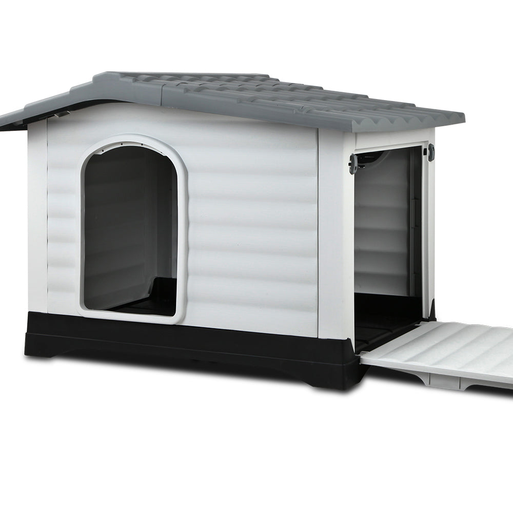 i.Pet Extra Extra Large Pet Kennel in grey, featuring a spacious design, corrugated roof, and elevated base for comfort and hygiene.