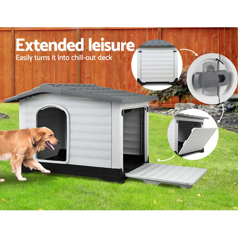 i.Pet Extra Extra Large Pet Kennel in grey, featuring a spacious design, corrugated roof, and elevated base for comfort and hygiene.