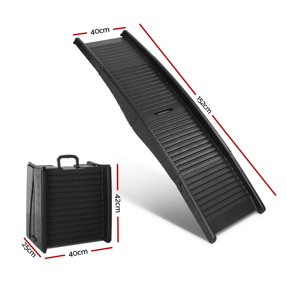 i.Pet Portable Folding Pet Ramp for Cars in black, showcasing its durable plastic construction and slip-resistant surface.