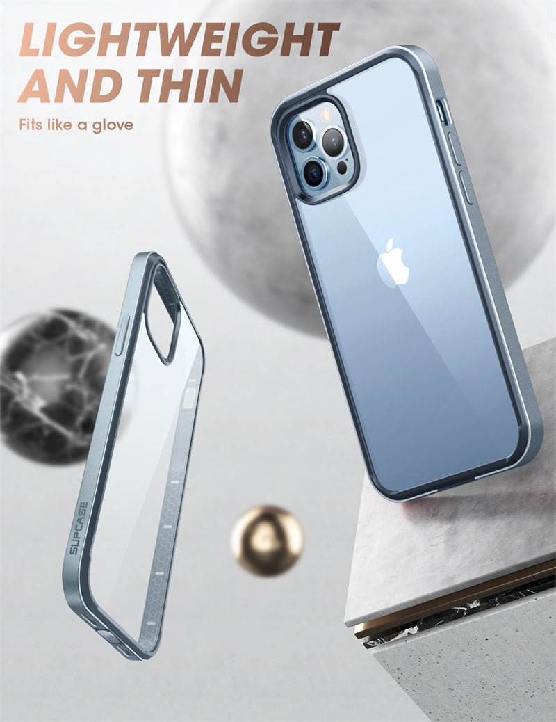 UB Edge Slim Frame Clear Case for iPhone 13 Pro, showcasing its transparent back and TPU bumper design.