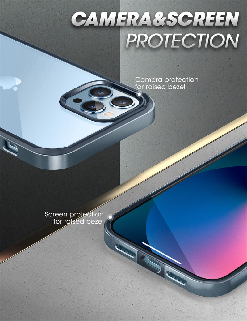 UB Edge Slim Frame Clear Case for iPhone 13 Pro, showcasing its transparent back and TPU bumper design.