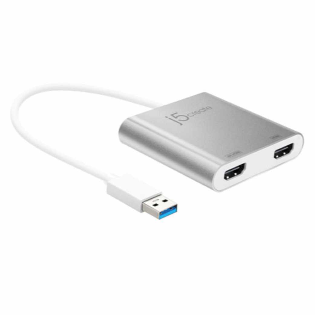 J5 USB 3.0 to Dual 4K HDMI Multi-Monitor Adapter - JUA365, featuring dual HDMI ports for high-definition video output.