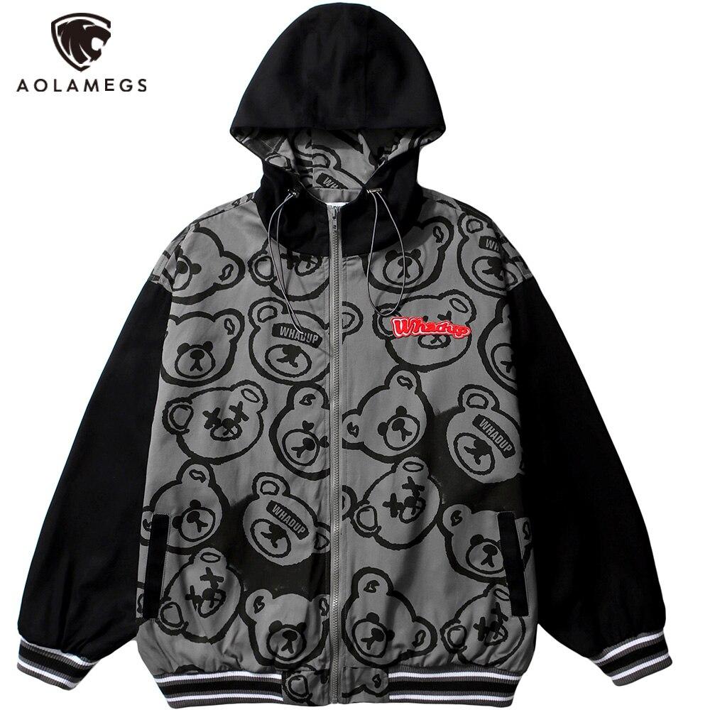 Men's cartoon bear jacket with patchwork sleeves, hooded design, and zipper closure, perfect for casual autumn and winter wear.