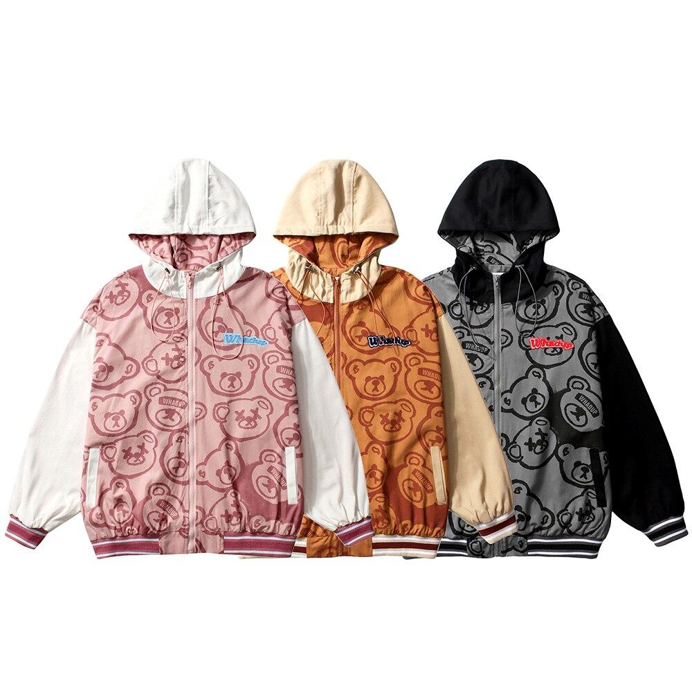 Men's cartoon bear jacket with patchwork sleeves, hooded design, and zipper closure, perfect for casual autumn and winter wear.