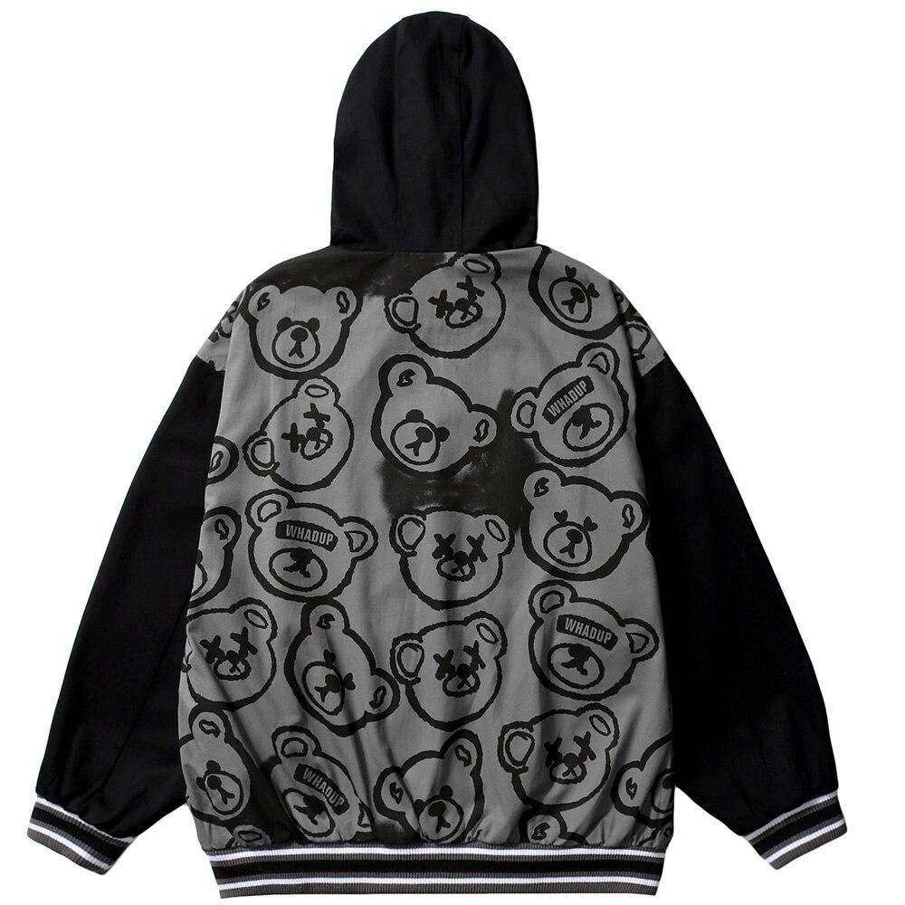 Men's cartoon bear jacket with patchwork sleeves, hooded design, and zipper closure, perfect for casual autumn and winter wear.