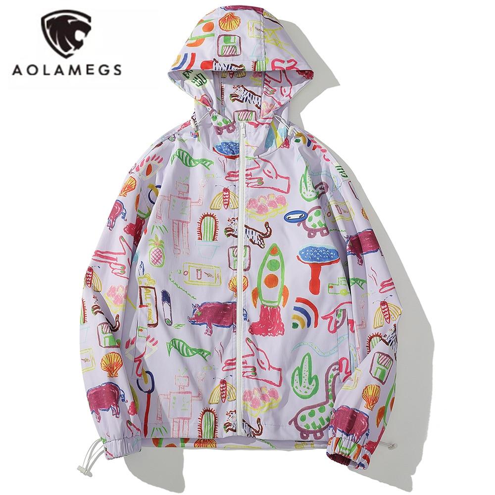 Men's colorful graffiti print jacket with zipper closure, showcasing a loose casual fit and hip hop style.