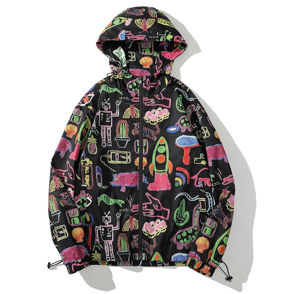 Men's colorful graffiti print jacket with zipper closure, showcasing a loose casual fit and hip hop style.