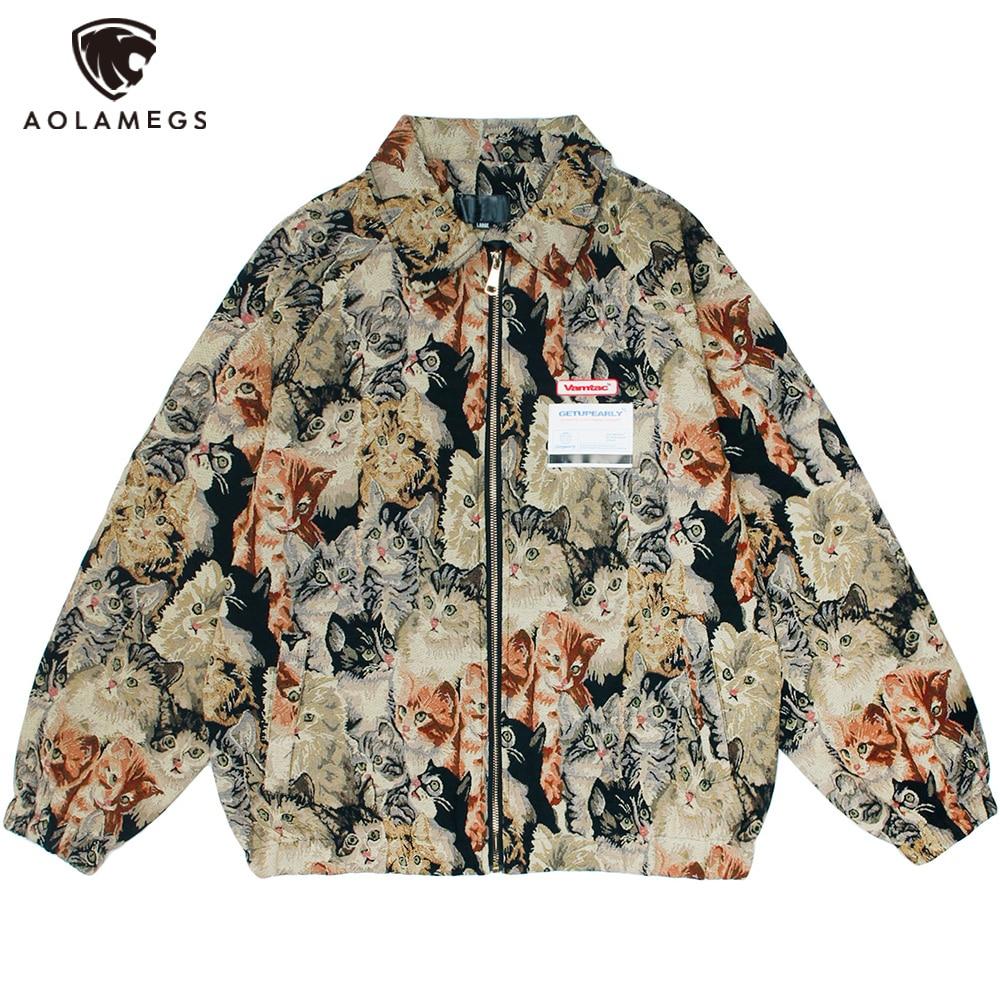 Men's casual jacket featuring a cute cat painting design, zipper closure, and loose fit, perfect for autumn streetwear.