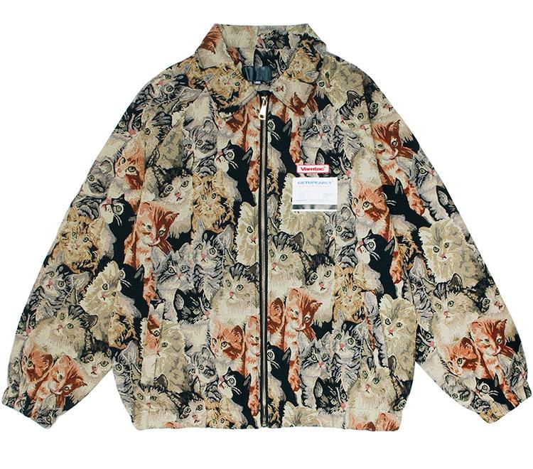 Men's casual jacket featuring a cute cat painting design, zipper closure, and loose fit, perfect for autumn streetwear.