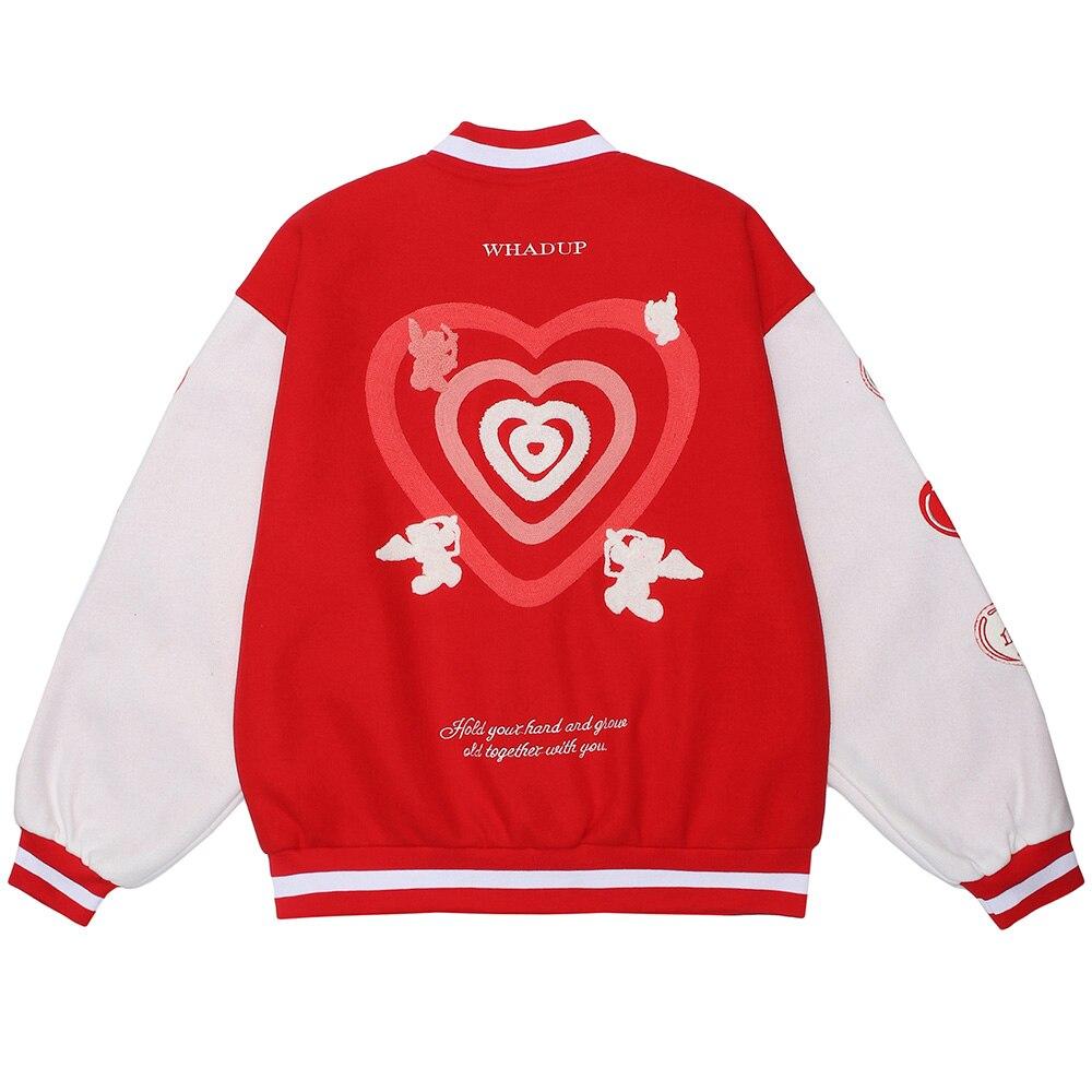 Men's jacket featuring heart-shaped patches and letter embroidery in a stylish patchwork design, perfect for streetwear.