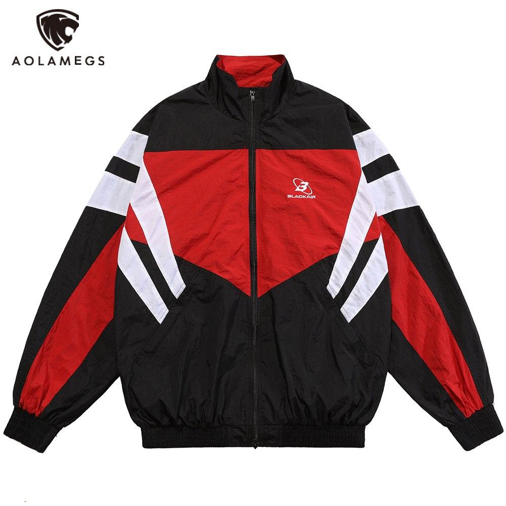 Men's oversized windbreaker coat featuring letter embroidery and color block patchwork design, available in red, blue, and gray.