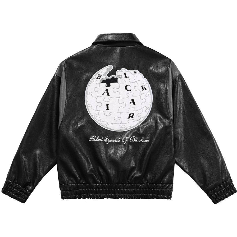 Men's retro baggy leather jacket featuring letter embroidery and patch designs, perfect for autumn streetwear.