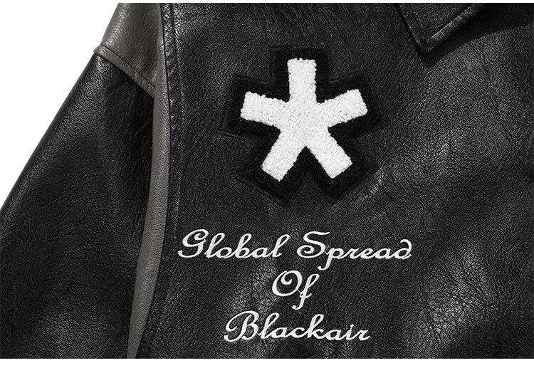 Men's retro baggy leather jacket featuring letter embroidery and patch designs, perfect for autumn streetwear.