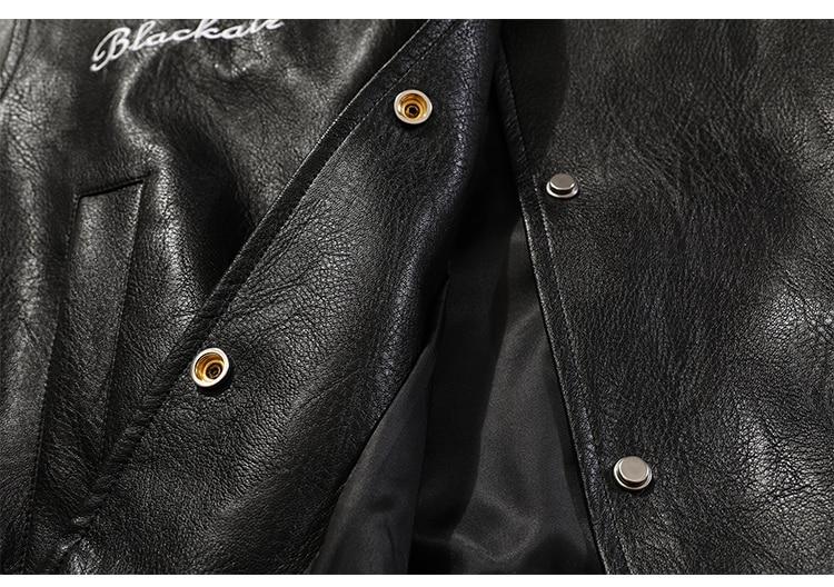 Men's retro baggy leather jacket featuring letter embroidery and patch designs, perfect for autumn streetwear.