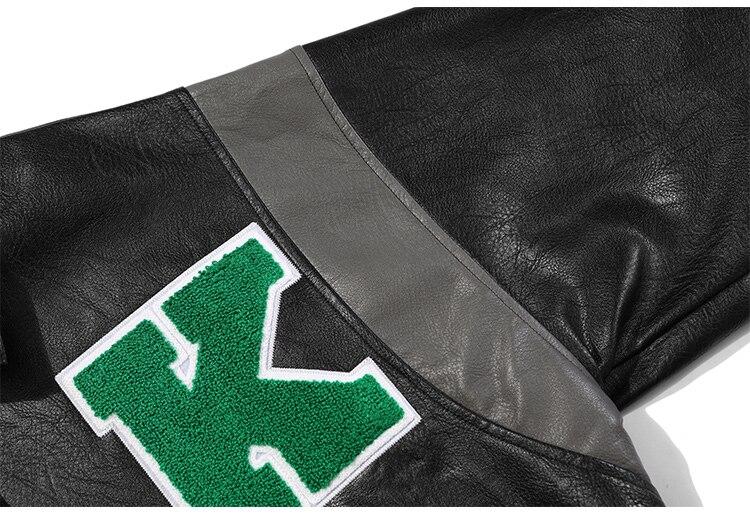 Men's retro baggy leather jacket featuring letter embroidery and patch designs, perfect for autumn streetwear.