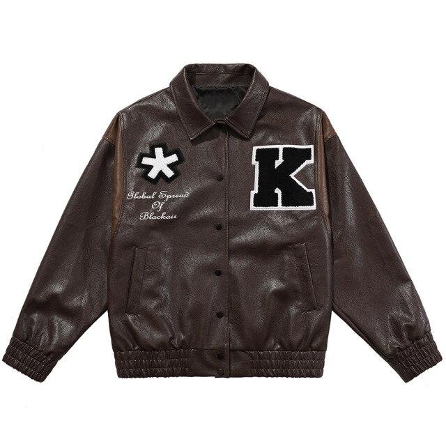 Men's retro baggy leather jacket featuring letter embroidery and patch designs, perfect for autumn streetwear.