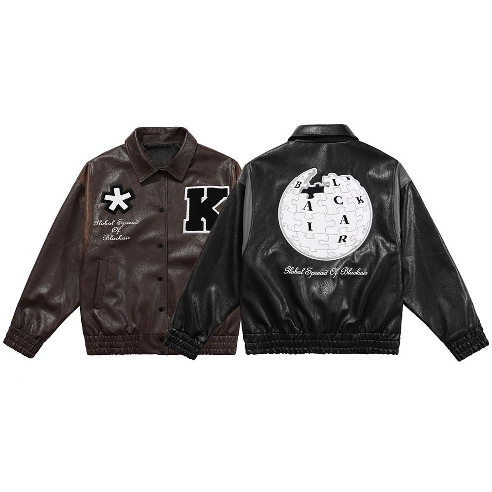 Men's retro baggy leather jacket featuring letter embroidery and patch designs, perfect for autumn streetwear.