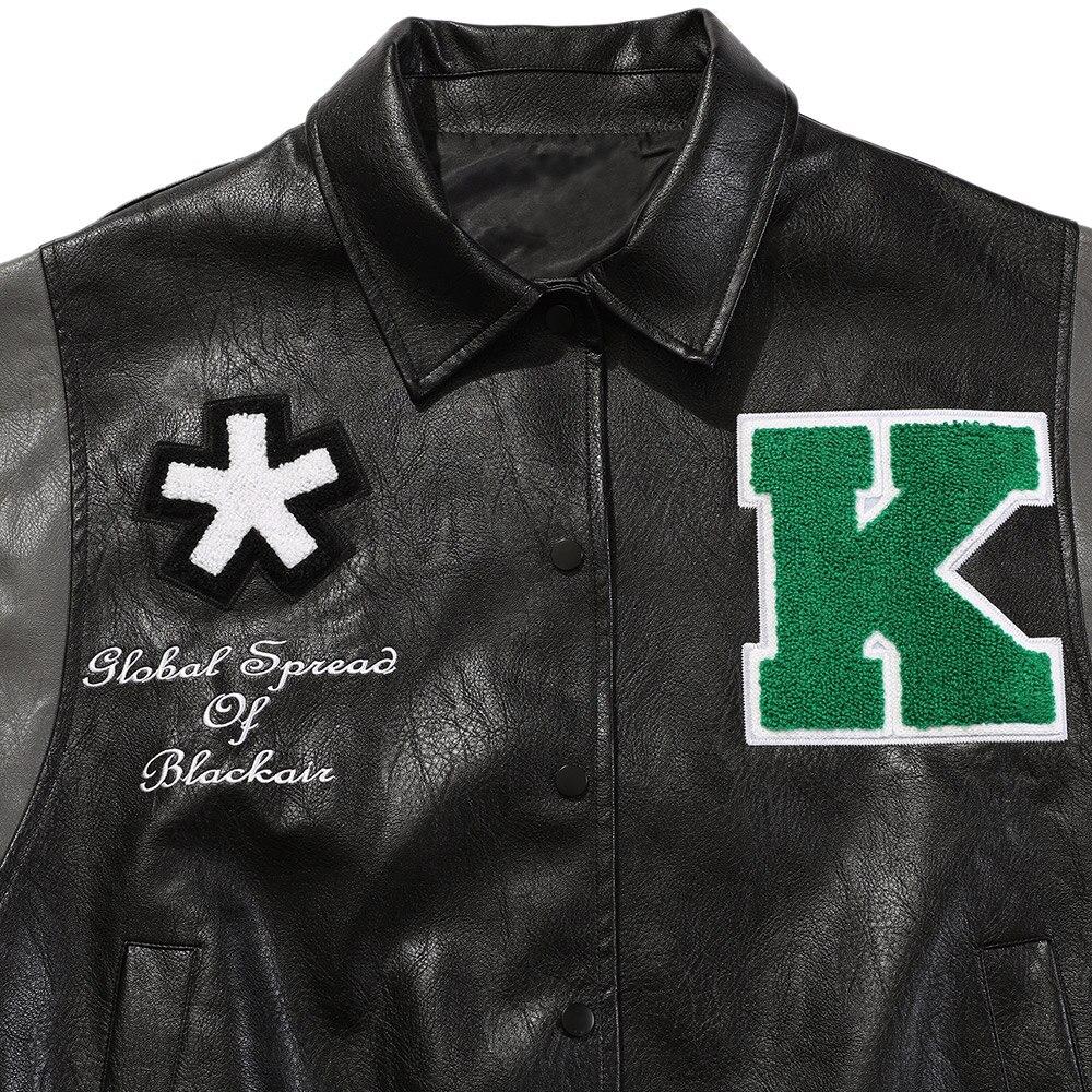 Men's retro baggy leather jacket featuring letter embroidery and patch designs, perfect for autumn streetwear.