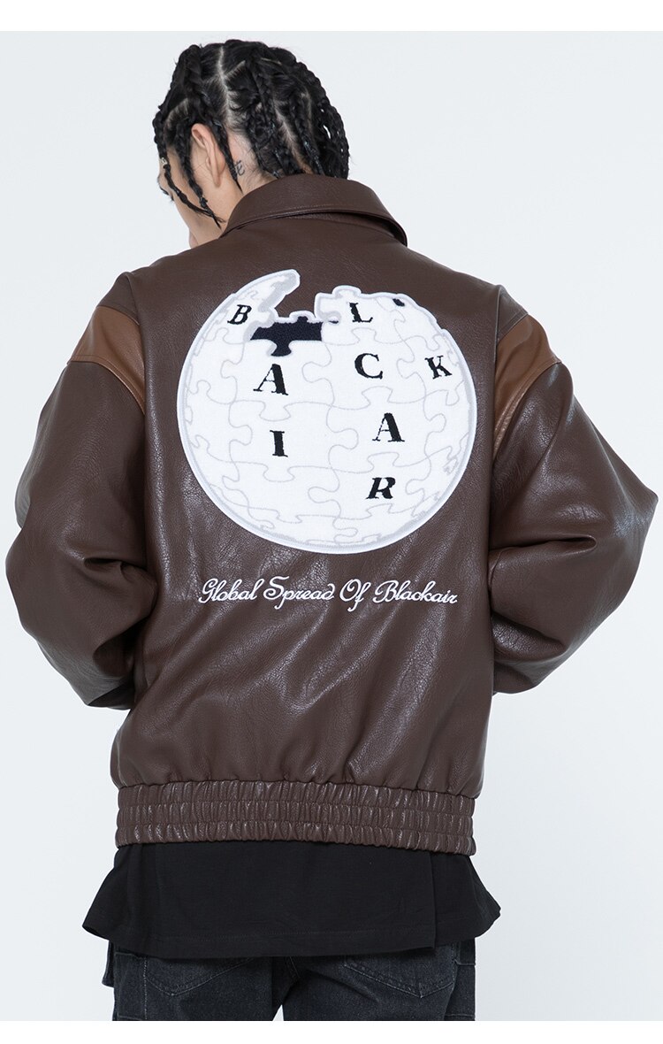 Men's retro baggy leather jacket featuring letter embroidery and patch designs, perfect for autumn streetwear.