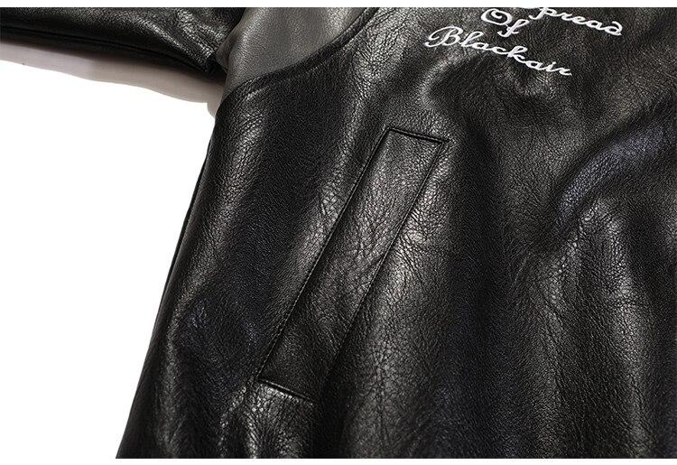 Men's retro baggy leather jacket featuring letter embroidery and patch designs, perfect for autumn streetwear.