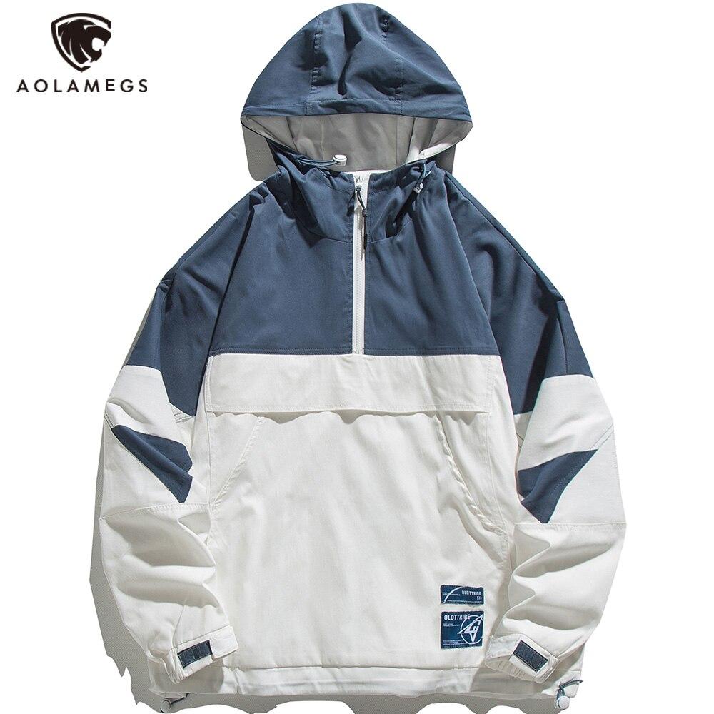 Men's color block windbreaker jacket with letter patch and hood, perfect for casual wear.