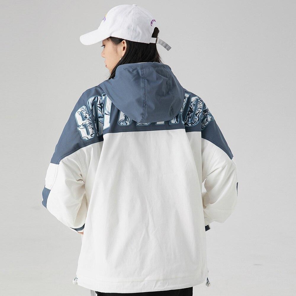 Men's color block windbreaker jacket with letter patch and hood, perfect for casual wear.