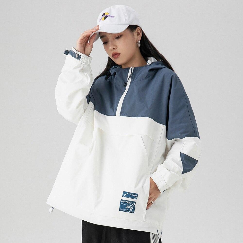 Men's color block windbreaker jacket with letter patch and hood, perfect for casual wear.