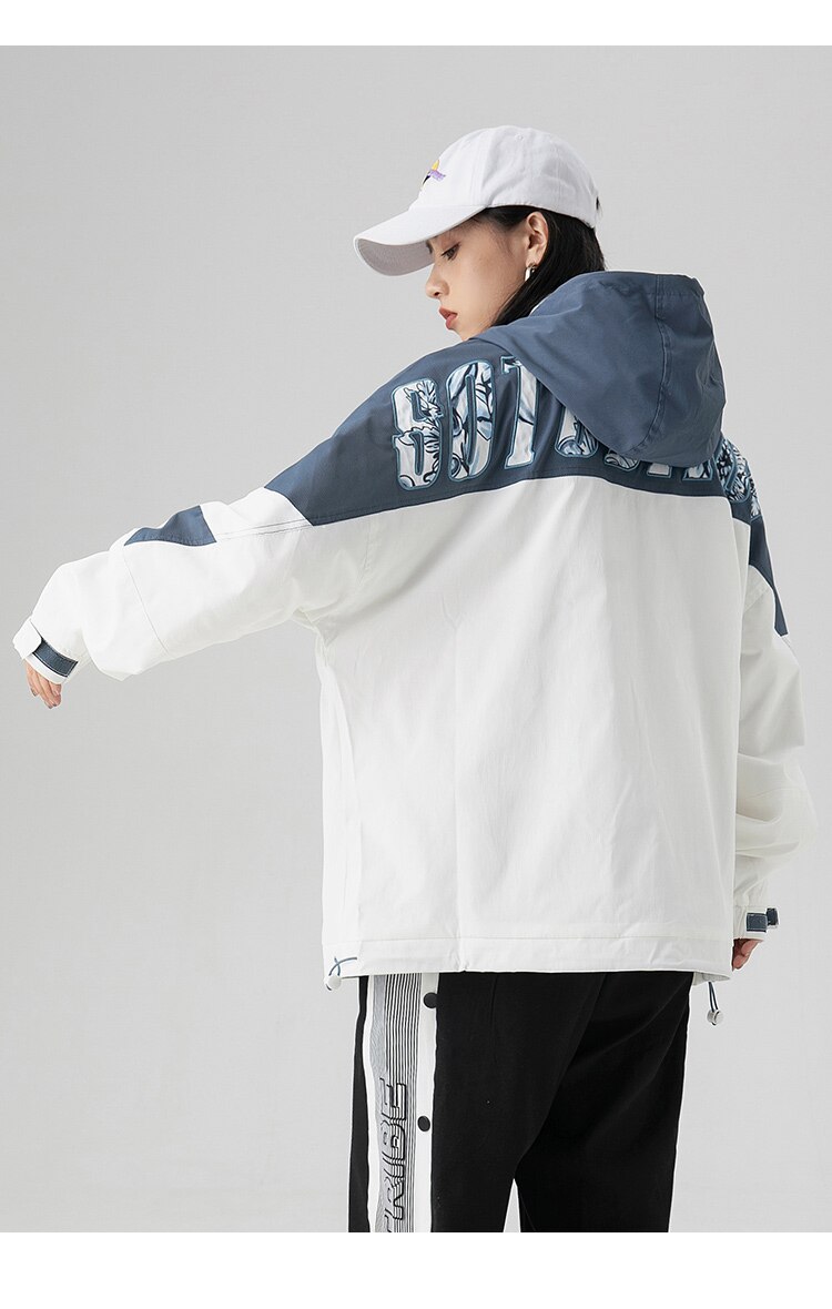 Men's color block windbreaker jacket with letter patch and hood, perfect for casual wear.