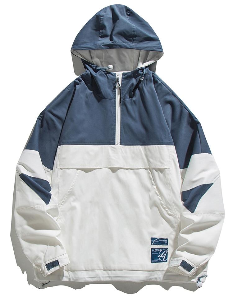 Men's color block windbreaker jacket with letter patch and hood, perfect for casual wear.