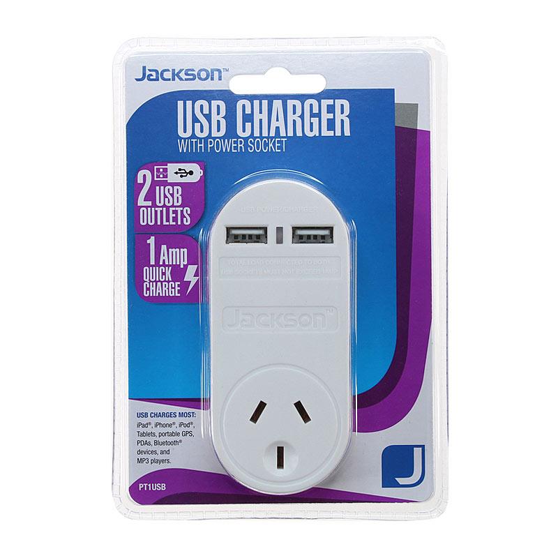 JACKSON 1 Way 2 USB Charger with dual ports and compact design.