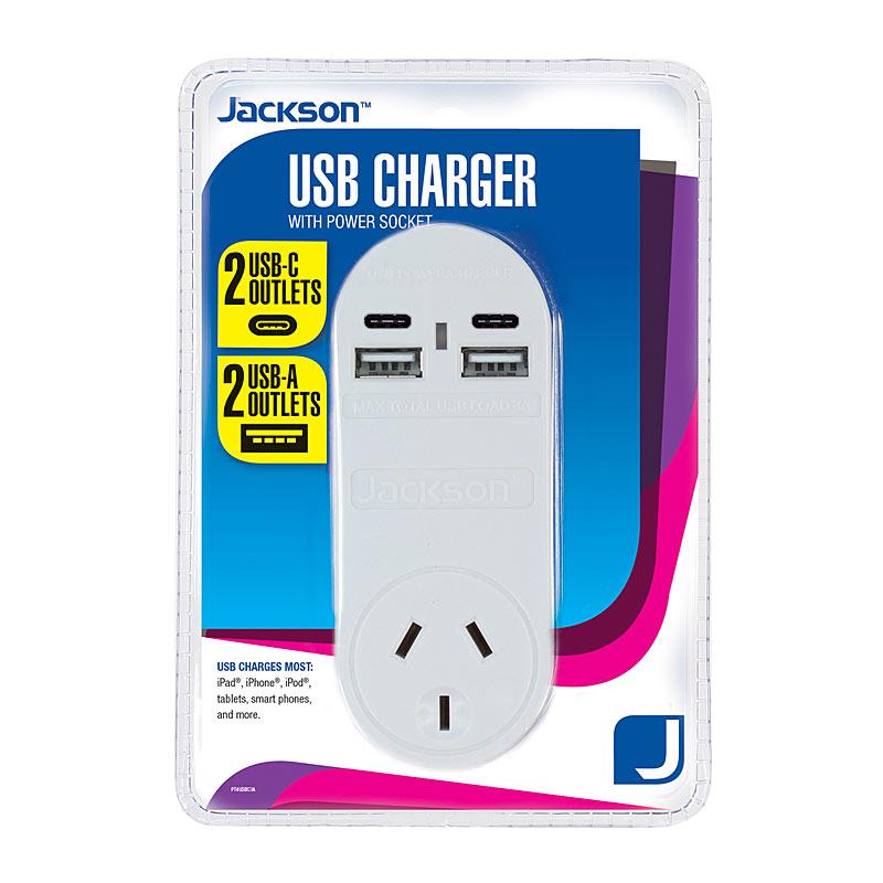 JACKSON 1 Way 4 USB Charger with four USB ports for simultaneous charging.