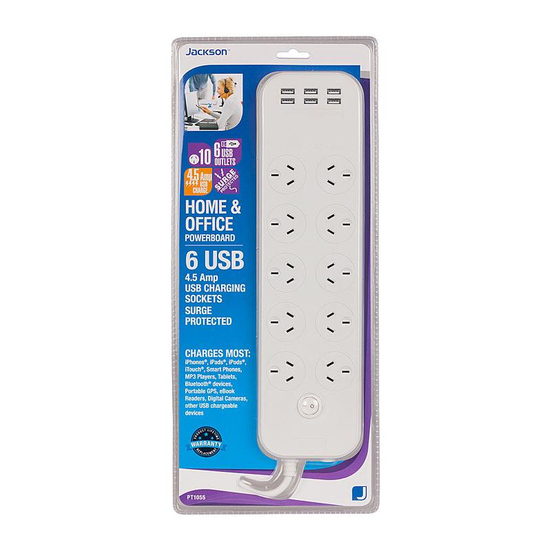 JACKSON 10 Way 6 USB PBoard 1m showcasing multiple power outlets and USB ports.