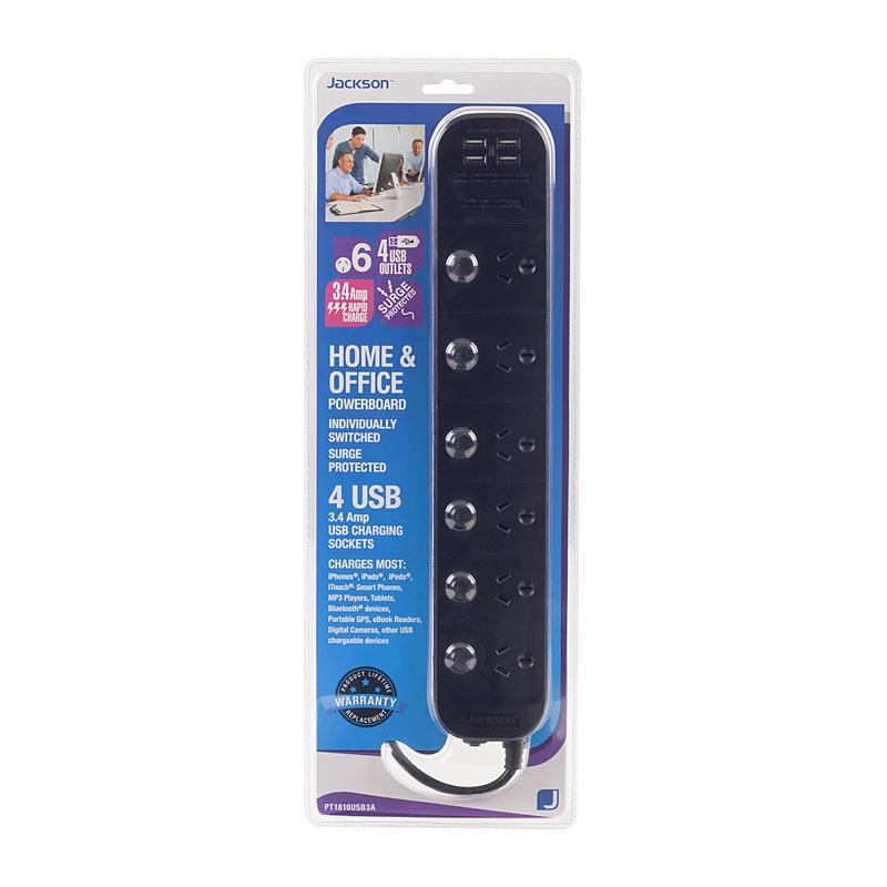 JACKSON 6 Way 4 USB Power Board with six outlets and four USB ports, measuring 1 meter in length, designed for home and office use.