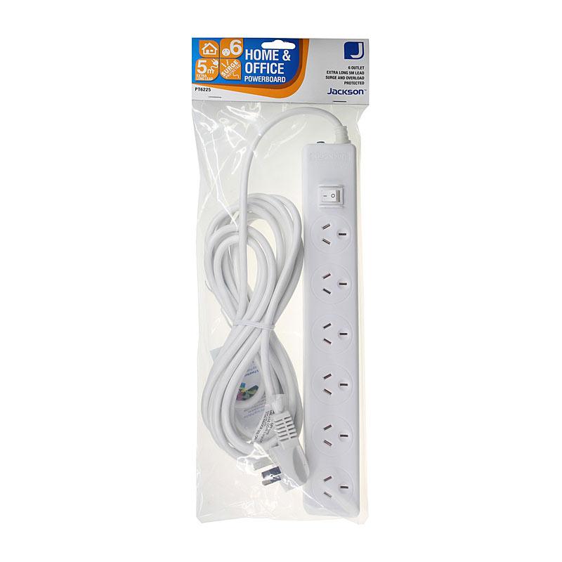 JACKSON 6 Way Powerboard with 5-meter extension cord and six power outlets, designed for safety and convenience.