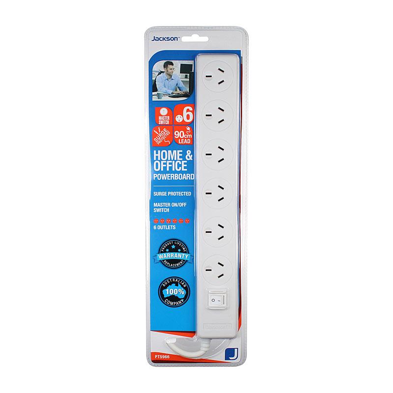 JACKSON 6 Way Powerboard 90cm with six outlets and surge protection features.